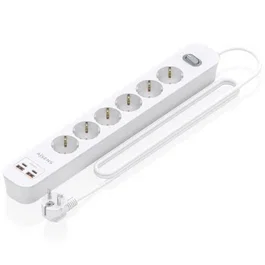 Aisens Regleta ASPS-2A2C16-W con 6 Tomas Schuko y Cargador USB 20W PD3.0 QC3.0 - 2 Puertos USB-C + 2 USB-A, Interruptor LED, Cable 1.4m, Blanco, Protección Infantil